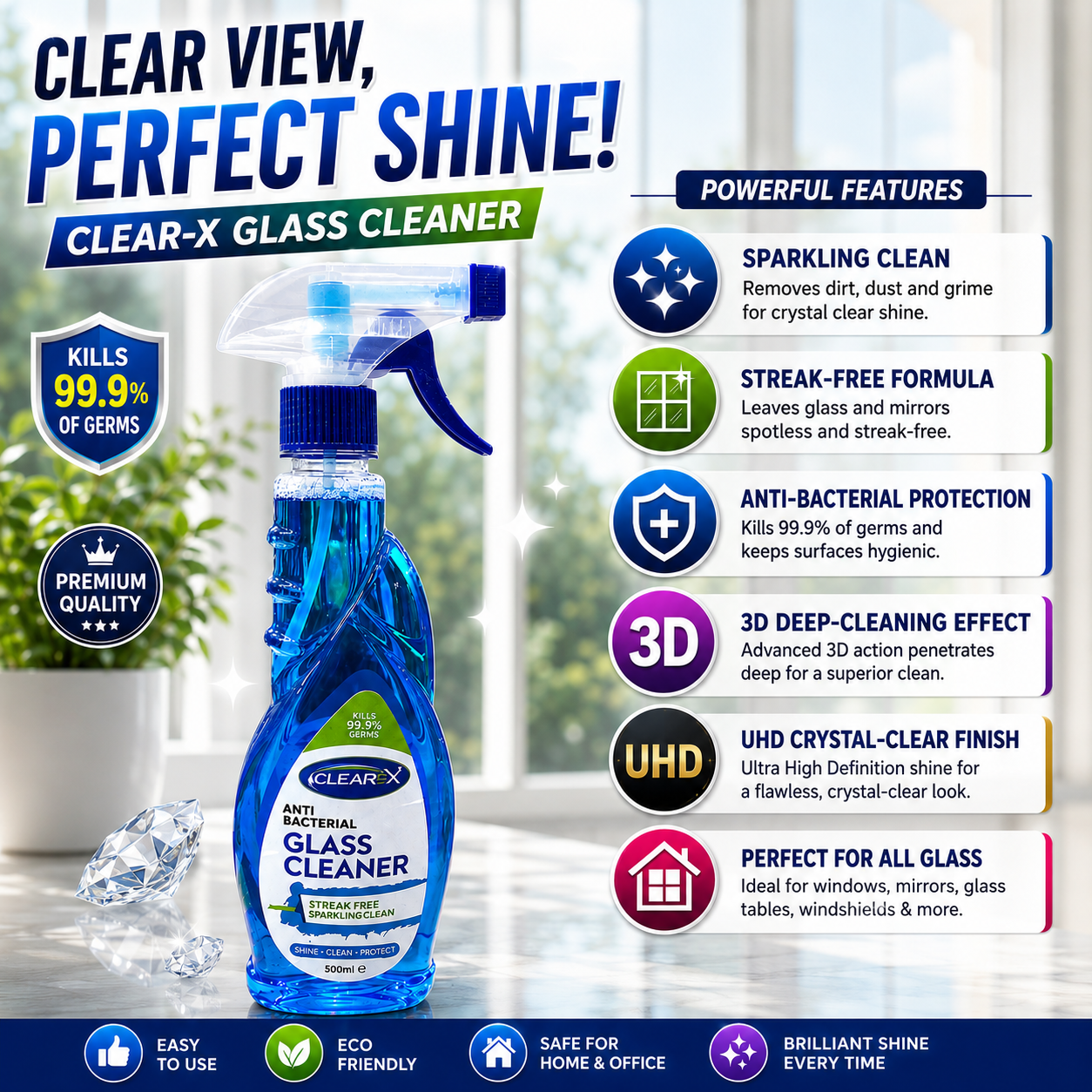 CLEAR-X Glass Cleaner – Anti-Bacterial Streak-Free Glass & Mirror Cleaner ✨