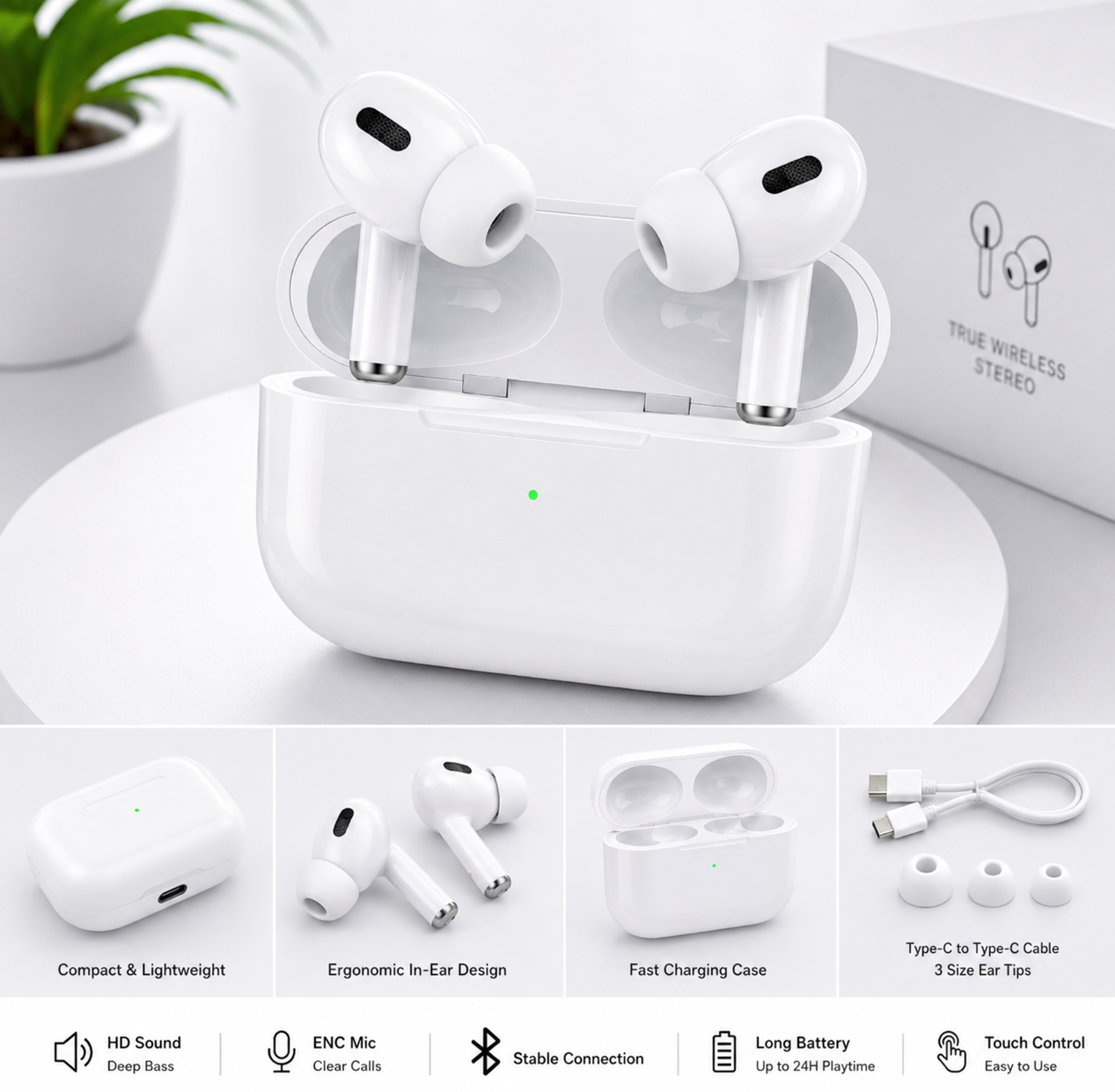 Latest Airpods Pro 2nd Generation – Premium Titanium Wireless Earbuds | High Quality Sound, Deep Bass, Noise Cancellation, Bluetooth 5.0, Volume Control